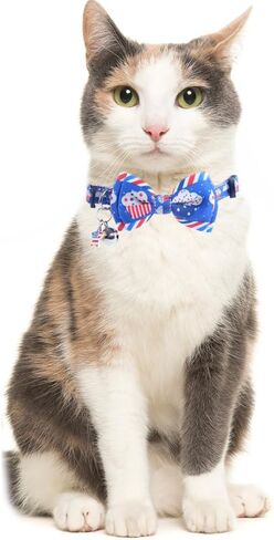 American Flag Cat Collar with Bell Bow Tie Star Breakaway Adjustable for 4th of July Independence Day in Kuwait