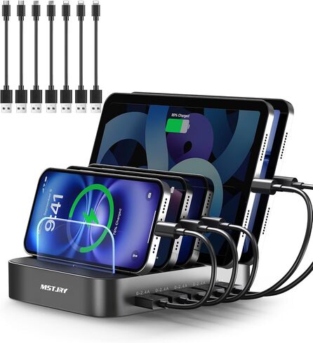 محطة شحن MSTJRY لأجهزة متعددة: 5 PORT Multi USB-A Charger Stations Multi-Device Organizer Dock Dock مصممة لأجهزة اللوحات المحمولة iPad iPad (7 كابلات قصيرة) in Kuwait