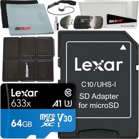 LEXAR عالية الأداء 633x 64GB MicroSDHC UHS-I بطاقة الذاكرة مع محول SD LSDMI64GBBNL633A حزمة ث/ديكو ترس إكسسوارات كيت SD قارئ وأغطية شاشة LCD + قماش الألياف الدقيقة والمزيد in Saudi Arabia