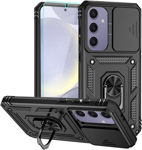 لحالة Samsung Galaxy S24 Fe ، علبة هاتف بلاستيكية من المطاط الصمام الصلب الناعم مع [غطاء عدسة الكاميرا المنزلق] [360 ° حلقة Kickstand قابلة للتدوير] [واقي شاشة HD] لـ S24 Fe 5G Blue in Kuwait