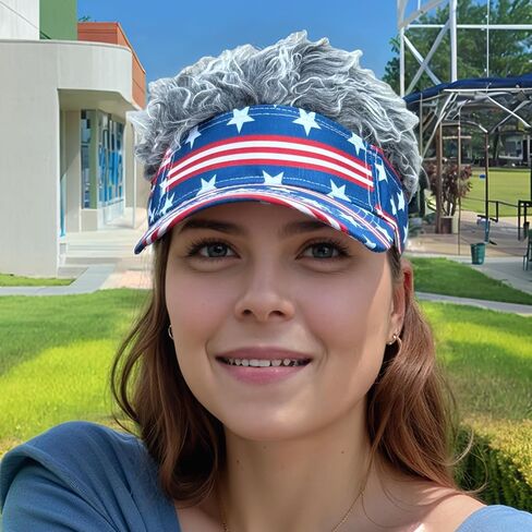 Popfizzy American Flag Hats with Hair for Men and Women, Adult Patriotic Hair Hat, Women’s 4th of July Outfit, Crazy Wig Cap in Kuwait