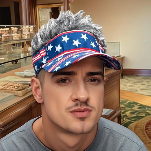Popfizzy American Flag Hats with Hair for Men and Women, Adult Patriotic Hair Hat, Women’s 4th of July Outfit, Crazy Wig Cap in Kuwait