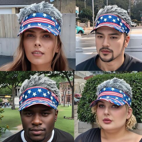 Popfizzy American Flag Hats with Hair for Men and Women, Adult Patriotic Hair Hat, Women’s 4th of July Outfit, Crazy Wig Cap in Kuwait
