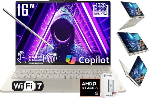 Lenovo Yoga 7 2-in-1 AI PC COPILOT LAPTOP ، 16 "2K LCD Touchnen ، Amd Ryzen AI 5 340 ، AMD Radeon 840M ، 16GB LPDDR5X ، 512GB SSD ، WIFI 7 ، Backlit KB ، Phinsprint ، 1080p WebCAM ، W/128 PSD ، in Kuwait
