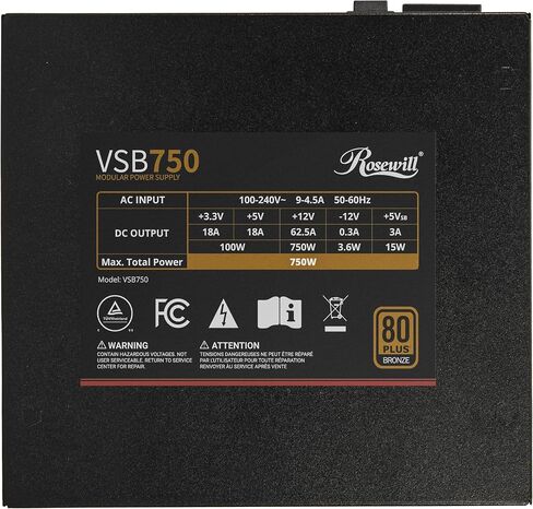 Rosewill VSB 750W 80+ Bronze, ATX 3.0 & 3.1 Compatible, Semi-Modular Power Supply, PCIe 5.1 12V-2x6 Connector, 105°C/221°F Japanese Capacitor, 120mm ICB Silent Fan - 5 Year Warranty in Kuwait