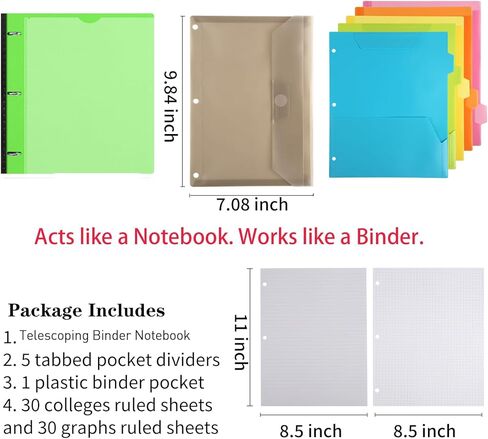 دفتر ملاحظات متداخل الكل في واحد من LETVVOW، غلاف دفتر ملاحظات ثلاثي الحلقات قابل لإعادة الملء مع مجلد جيب بلاستيكي متحرك، 5 فواصل بلاستيكية للموضوعات، 30 ورقة رسم بياني، و30 ورقة مسطرة جامعية - أزرق in Kuwait