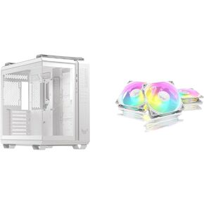 Bundle of ASUS TUF Gaming GT502 Horizon White ATX Mid-Tower Gaming Case (Boundless Panoramic Design) + ASUS TUF Gaming TR120 120mm ARGB White Fan Triple Pack 28mm Fan Frame, Aura sync, PWM Control