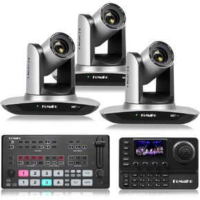 FoMaKo NDI Camera, AI Auto Tracking HDMI PTZ Camera, 20x Optical Zoom(3pcs),KC606 PTZ Controller, M1 Video Mixer Swicher, for Church Services Worship Education(FMK20UH X3+KC606+M1)