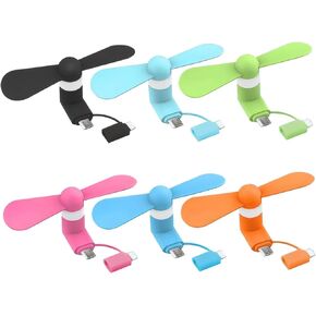 Phone Fan 6Pcs 2 in 1 Micro USB & Type-C Cell Phone Fan TPE Quiet Mini with Strong Motor Detachable 5V-1A Portable for Indoor Outdoor, Mixed Color
