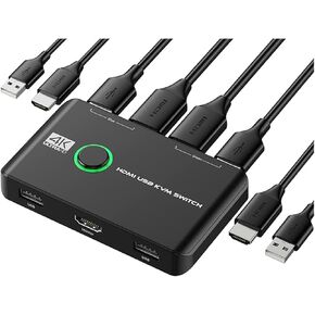 4K KVM Switch USB HDMI-Compatible Switches for 2 Computers Share Keyboard Mouse Printer and Monitor, Support 4K@60Hz
