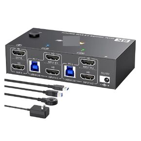 8K HDMI KVM Switch 2 Monitors 2 Computers 8K@60Hz 4K@144Hz,Dual Monitor KVM Switch with 4 USB 3.0 Hub for Keyboard Mouse Printer(Without Edid 8K)
