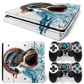 ZOOMHITSKINS Compatible with PS4 Slim Skin, White Shark Attack Ocean Jaws Megalodon, Durable & Fit, 3M Vinyl, Made in The USA