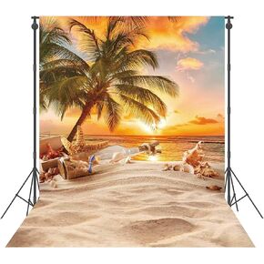 5X7ft Polyester Blue Summer Beach Seaside Sunset Backdrop Tropical Hawaiian Ocean Palm Tree Photography Background for Aloha Luau Party Decoration Supplies Banner Photo Booth Props