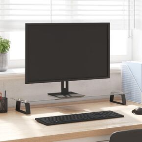 Ergonomic Monitor Stand for Comfortable Viewing, Tempered Glass & Metal, Modern Black Design, 31.5" x 7.9" x 3.1"
