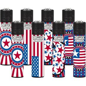 Clipper - Classic Large Reusable Lighter - Iconic Premium Refillable Lighters Bulk Pack - Replace Butane, Flint, and Spark Wheel for Unlimited Lights - 8 Pack - National Stars