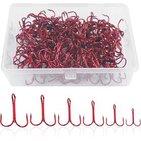 50 Pack Fishing Treble Hooks Kit High Carbon Steel Fish Hook Strong Sharp Round Bend Split Rings for Lures Baits Saltwater Freshwater Fishing Size 1/0 2 4 6 8 10