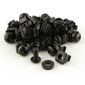 M6 Rack Mount Cage Nuts and Screws Kit with Washers – 50 Pack Black, Square Clip Hardware Set for Server Rack Cabinets and Equipment Mounting.