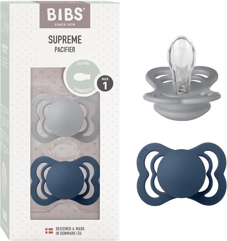 BIBS Supreme Baby Pacifier 2-Pack | Made in Denmark | BPA Free Dummy Soother, Symmetrical Nipple. Silicone, Size 1 (0-6 Months), Cloud / Steel Blue in Saudi Arabia
