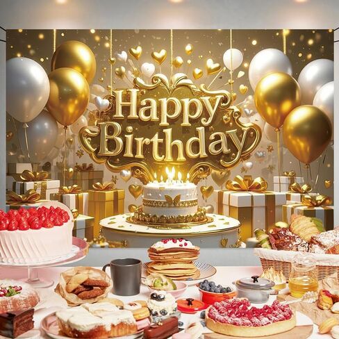 Gold Happy Birthday Backdrop Banner Gold Vivid Photography Background for Home Outdoor Birthday Party Decoration Supplies 70.8 x 47.2 Inch in Kuwait
