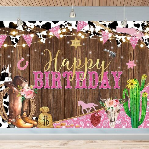 7x5ft Western Cowgirl Birthday Party Backdrop Rustic West Rodeo Boot Boot Procession Print Print Pink Wild Party Worden Cowgirl Wooden Decortations Decortations Banner in Kuwait