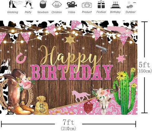 7x5ft Western Cowgirl Birthday Party Backdrop Rustic West Rodeo Boot Boot Procession Print Print Pink Wild Party Worden Cowgirl Wooden Decortations Decortations Banner in Kuwait