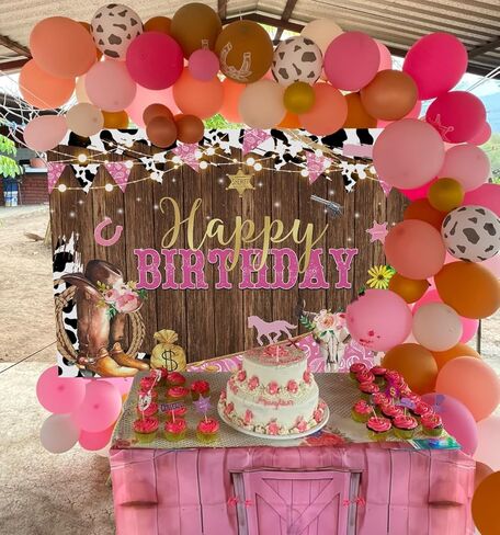 7x5ft Western Cowgirl Birthday Party Backdrop Rustic West Rodeo Boot Boot Procession Print Print Pink Wild Party Worden Cowgirl Wooden Decortations Decortations Banner in Kuwait