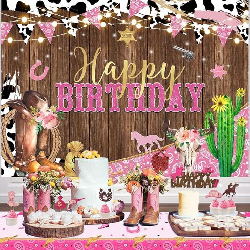 7x5ft Western Cowgirl Birthday Party Backdrop Rustic West Rodeo Boot Boot Procession Print Print Pink Wild Party Worden Cowgirl Wooden Decortations Decortations Banner in Kuwait