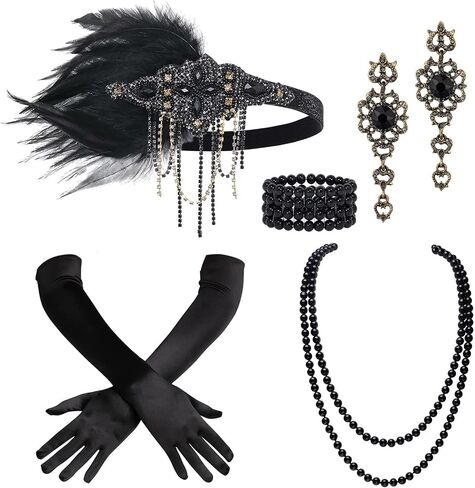 BABEYOND 1920s Accessories for Women - Flapper Feather Headband Headpiece for Women Pearl Bracelet Necklace Gloves in Saudi Arabia