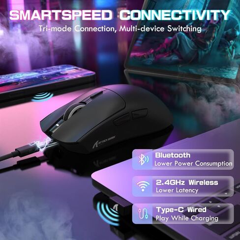 ATTACK SHARK X1 Ultralight Wireless Gaming Mouse with Magnetic RGB Charging Dock,Anti Slip Grip Tape,PixArt PAW3395 Pro Sensor,40000DPI,BT/2.4Ghz/Wired,Optical Micro Switch for PC Mac Gamer(Black) in Saudi Arabia