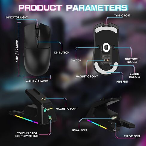 ATTACK SHARK X1 Ultralight Wireless Gaming Mouse with Magnetic RGB Charging Dock,Anti Slip Grip Tape,PixArt PAW3395 Pro Sensor,40000DPI,BT/2.4Ghz/Wired,Optical Micro Switch for PC Mac Gamer(Black) in Saudi Arabia