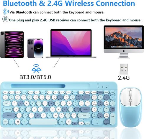 لوحة مفاتيح Bluetooth والماوس اللاسلكي ، لوحة مفاتيح متعددة الجهاز وسرد الماوس مع حامل الهاتف (Bluetooth 5.0+3.0+2.4 جيجا هرتز) متوافقة مع Mac/Windows/iOS/Android in Saudi Arabia