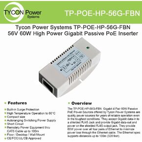 Tycon Systems TP-POE-HP-56G-FBN 56V 4 Pair High Power Gigabit Passive POE Power Inserter - US Power Cord, 60W