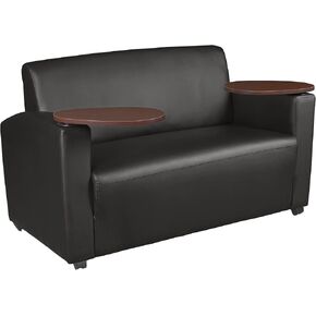 Romig Superstellar Loveseat with 360-Degree Swiveling Tablet Arm, Noble Oak Finish, Navy Blue Vinyl Upholstery, Ergonomic Seating for Offices, Homes, Lounges, or Study Areas