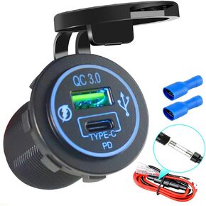 12V USB Quick Charge 3.0 Port & PD USB C Car Charger Socket, 12V USB Outlet with Wire for Car Marine Boat Motorcycle RV Truck