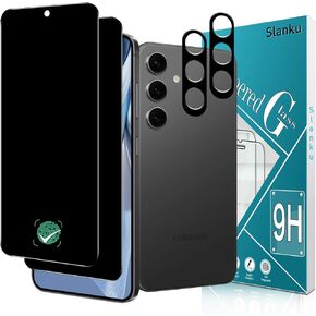 Slanku [2+2 Pack for Samsung Galaxy S24 Privacy Screen Protector Tempered Glass with Camera Lens Protector, Anti-Spy, No Bubbles, Touch Sensitive, Black