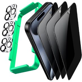 Ferilinso 3 Pack Privacy Screen Protector for iPhone 15 Pro [Full Coverage] with 3 Pack Tempered Glass Camera Lens Protector Phone Case Friendly Accessories Protector de Pantalla for Apple 6.1