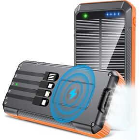 Power Bank Wireless Charger 52800mAh Built in 4 Cables 7 Outputs 22.5W Fast Charging Power Bank for All Mobile Devices 4Inputs Solar Portable Charger with Dual Flashlights (Orange)
