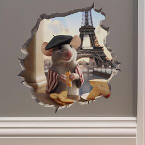 French Eiffel Tower Mouse in Mouse Hole Decal - Mouse Hole 3D Wall Sticker
