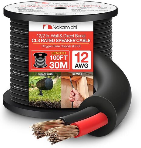 Nakamichi 12/2 (100-Foot) in-Wall & Direct Burial (UL CL2 CL3 Rated) Oxygen-Free Copper (OFC) 2-Conductor Speaker Cable Wire, Outdoor In-Ground, in-Ceiling, Riser, Black (12AWG / 100ft / 30.48m) in Saudi Arabia