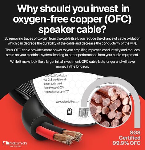 Nakamichi 12/2 (100-Foot) in-Wall & Direct Burial (UL CL2 CL3 Rated) Oxygen-Free Copper (OFC) 2-Conductor Speaker Cable Wire, Outdoor In-Ground, in-Ceiling, Riser, Black (12AWG / 100ft / 30.48m) in Saudi Arabia