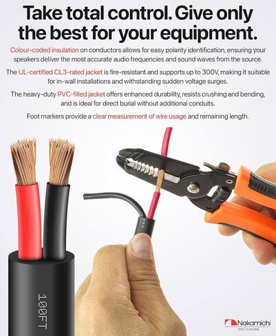Nakamichi 12/2 (100-Foot) in-Wall & Direct Burial (UL CL2 CL3 Rated) Oxygen-Free Copper (OFC) 2-Conductor Speaker Cable Wire, Outdoor In-Ground, in-Ceiling, Riser, Black (12AWG / 100ft / 30.48m) in Saudi Arabia