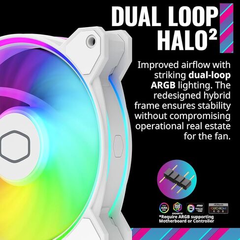 Cooler Master Masterfan MF120 HALO2 Argb White - Case & Case and Booding Fan ، Ring Ring Dual Flugable RGB ، محمل بندقية ، شفرات توازن الهواء الموسع ، حماية مستشعر مربى وبرنامج تشغيل محدد - 120 ملم in Saudi Arabia