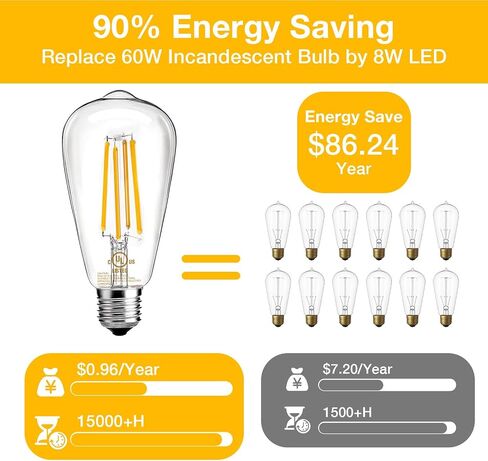 DAYBETTER 12 حزمة من مصابيح Edison LED العتيقة، E26 لمبة LED قابلة للتعتيم، ما يعادل 60 واط، ST58 لمبات إضاءة ذات خيوط عتيقة مع أبيض دافئ 2700K، سطوع 8W، 800LM، 80+ CRI in Kuwait
