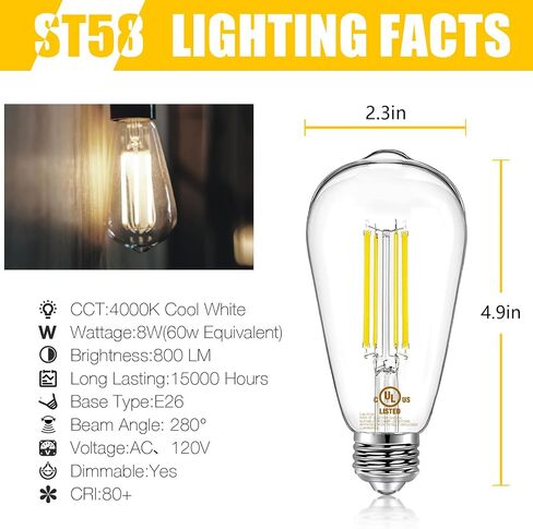 DAYBETTER 12 حزمة من مصابيح Edison LED العتيقة، E26 لمبة LED قابلة للتعتيم، ما يعادل 60 واط، ST58 لمبات إضاءة ذات خيوط عتيقة مع أبيض دافئ 2700K، سطوع 8W، 800LM، 80+ CRI in Kuwait