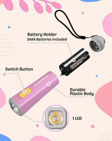 مصباح يدوي EverBrite للأطفال، مصباح يدوي LED صغير، استخدام الشعلة البلاستيكية لحالات الطوارئ والتخييم، في الهواء الطلق مع بطارية حبل 3AAA متضمنة، وردي in Saudi Arabia