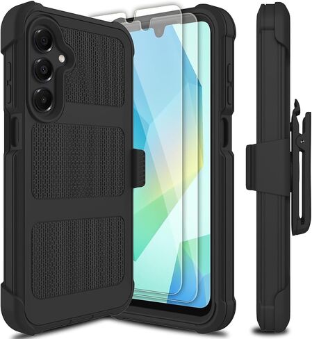 بالنسبة لحالة Samsung Galaxy A16 5G مع حامي شاشة زجاجي مقسّر ، [سلسلة الحافظة] حزام مقطع صعب صعبة الثقيلة في حالة من الهواتف الخلوية للوقاية من الصدمات الوعرة (أسود) in Kuwait