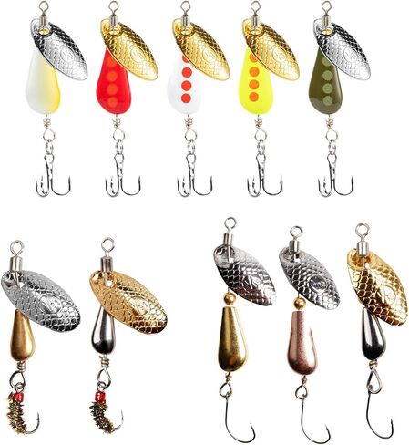 shiawasena fishing spinners ، 10pcs trout fishing lures kit ، inline spinner baits with apions & treble hooks & fly hooks ، flash flash vers for trout ، panfish ، bass ، pike in Kuwait