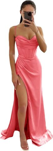 PUXIU الساتان الشمبانيا فساتين وصيفة الشرف طويلة للنساء 2023 الحرير الرسن مثير Bodycon Ruched الجانب الشق فستان رسمي ثوب مسائي US6 in Kuwait