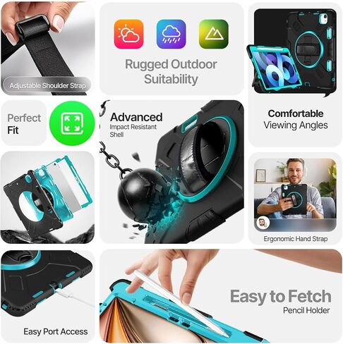 TNP Protective Case for iPad Air 6th M2 2024 11 Inch, 5th 4th Gen 10.9 inch and iPad Pro 4th 3rd 2nd Generation (2022 2021 2020 2018) w/Pencil Holder, Handle, Stand & Shoulder Strap, Mint in Kuwait