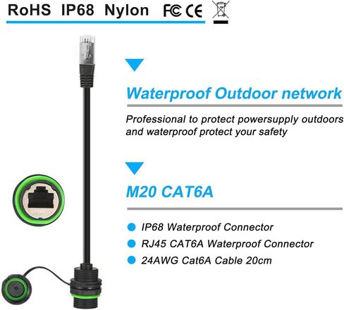 RJ45 Waterproof Connector M20 Cat6a/Cat6/Cat5e/Cat5 Ethernet LAN Cable Coupler with Waterproof/Dust Cap Cover 25cm Network Cable Shield for Outdoor Network in Saudi Arabia